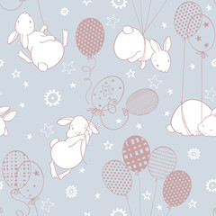 Deken met foto Dieren met ballon patronen Cute rabbits with balloons on the starry sky. Seamless vector pattern. Cartoon animal background .  © maritime_m