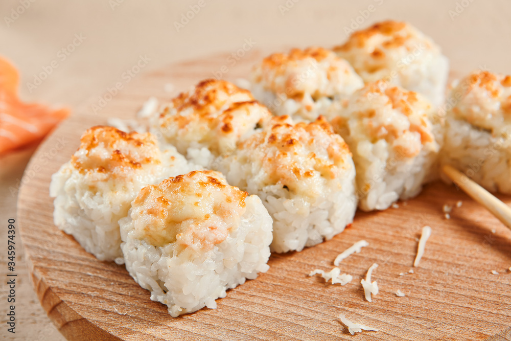 Baked shrimp rolls on wooden board top view Baked shrimp rolls on wooden board top view