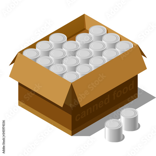 Isometric canned food placed in open cardboard box isolated on white background.