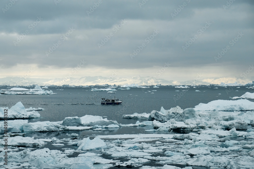 Fototapeta premium Blue fishing boat surrounded by seagulls sailing in iceberg filled water