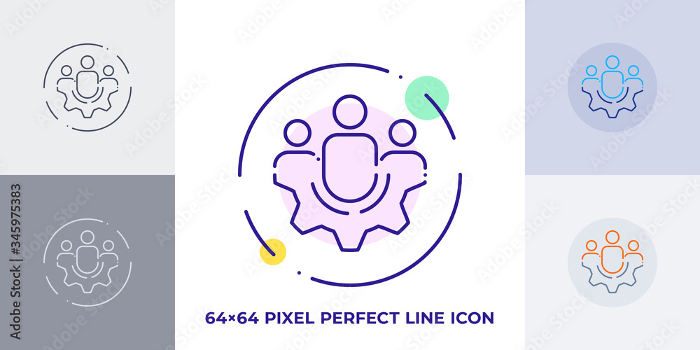 Group of people on gear line art vector icon. Outline symbol of teamwork. Cooperation pictogram made of thin stroke. Isolated on background.