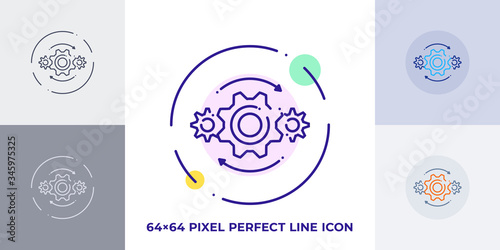 Gears line art vector icon. Outline symbol of machine engine. Industry pictogram made of thin stroke. Isolated on background.