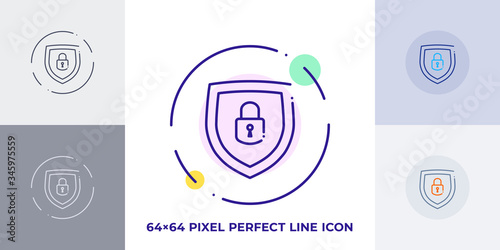 Lock on shield line art vector icon. Outline symbol of access protection. Security pictogram made of thin stroke. Isolated on background.