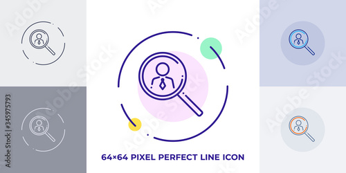 Magnifying glass with human figure line art vector icon. Outline symbol of people search. Recruitment pictogram made of thin stroke. Isolated on background.