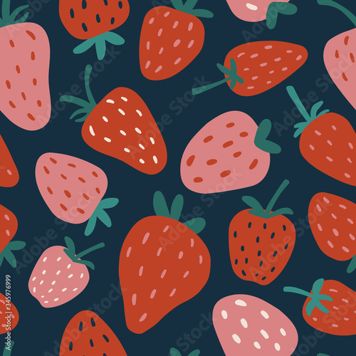 Strawberry vector background. Fruit print. Berry seamless pattern for fabric, prints, textile, wrapping paper, birthdays, invitations. Abstract summer background. Vegetarian healthy food illustration