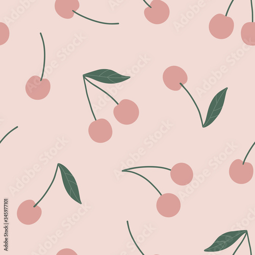 Cherry seamless vector pattern. Summer organic fruit background. Trendy childish pattern with berries for decoration design, poster, textile. Simple vector illustration with vegetarian healthy food