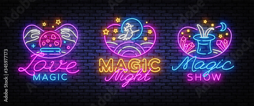 Magic neon signs set. Magic Show collection neon signs. Bright sign boards, light banner. Modern trend design, night light signboard, emblems, design template. Vector Illustration
