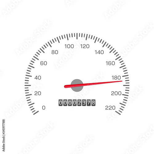 Car speedometer isolated on white background. Simple black gauge in flat style. Automobile tachometer or odometer with speed panel. Vector illustration EPS 10.