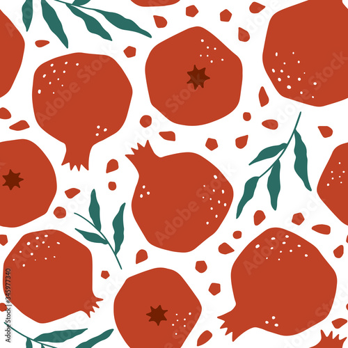 Modern vector seamless pattern with pomegranate. Organic fruit background. Vegetarian healthy food illustration. Tropical nature repeat background for textile and decoration design