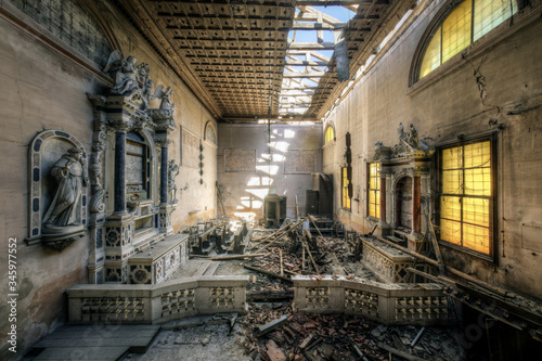 Decay chapel in the old monastery abandoned after earthquake, Italy.