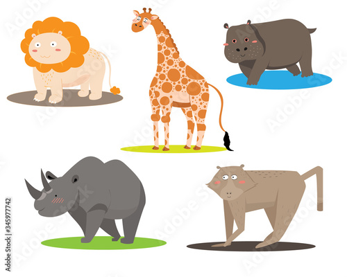 set of 5 mammals of South Africa in cute cartoon vector including lion, giraffe, hippopotamus, black rhinoceros and baboon