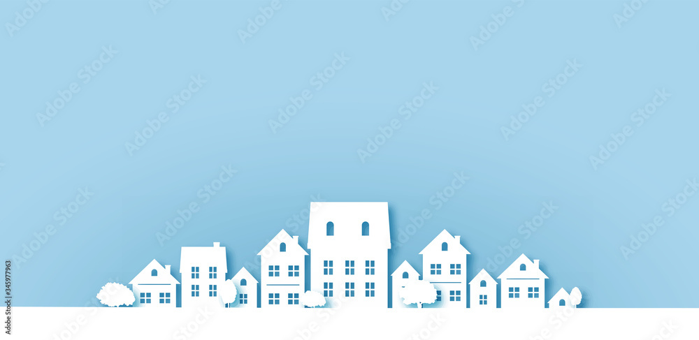 Paper cut houses on blue background city landscape village paper art digital craft style. vector illustartion