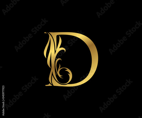 Classy Elegant Gold D Letter Floral logo. Vintage Swirl drawn emblem for book design, weeding card, brand name, business card, Restaurant, Boutique, Hotel.