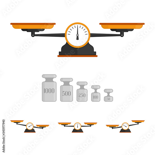 Set of scales with weights. Weighing scale with green pans and gray base. Bowls of scales in balance, an imbalance of scales. Vector illustration in flat style. EPS 10.