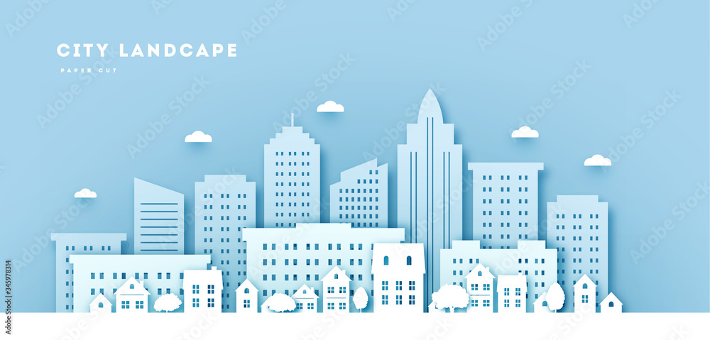 Cityscape in paper art style. Uraban Landscape paper cut with clouds and blue background. Scape. vector illustration