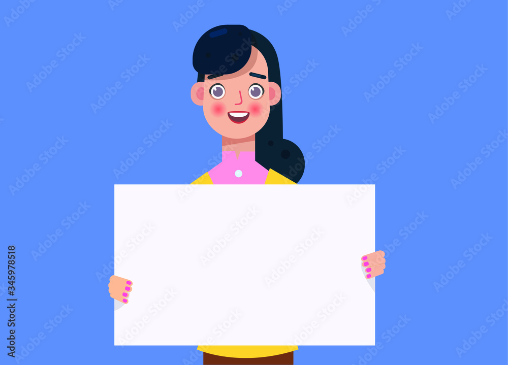 Beautiful brunette girl with long hair holding empty banner. Woman holds a poster with place for text.