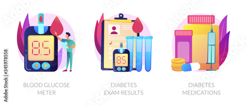 Sugar level monitoring. Medicine and healthcare. Diabetes treatment. Blood glucose meter, diabetes exam results, diabetes medications metaphors. Vector isolated concept metaphor illustrations.