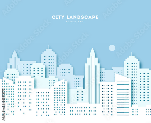 Cityscape in paper art style. Uraban Landscape paper cut with clouds and blue background. Scape. vector illustration