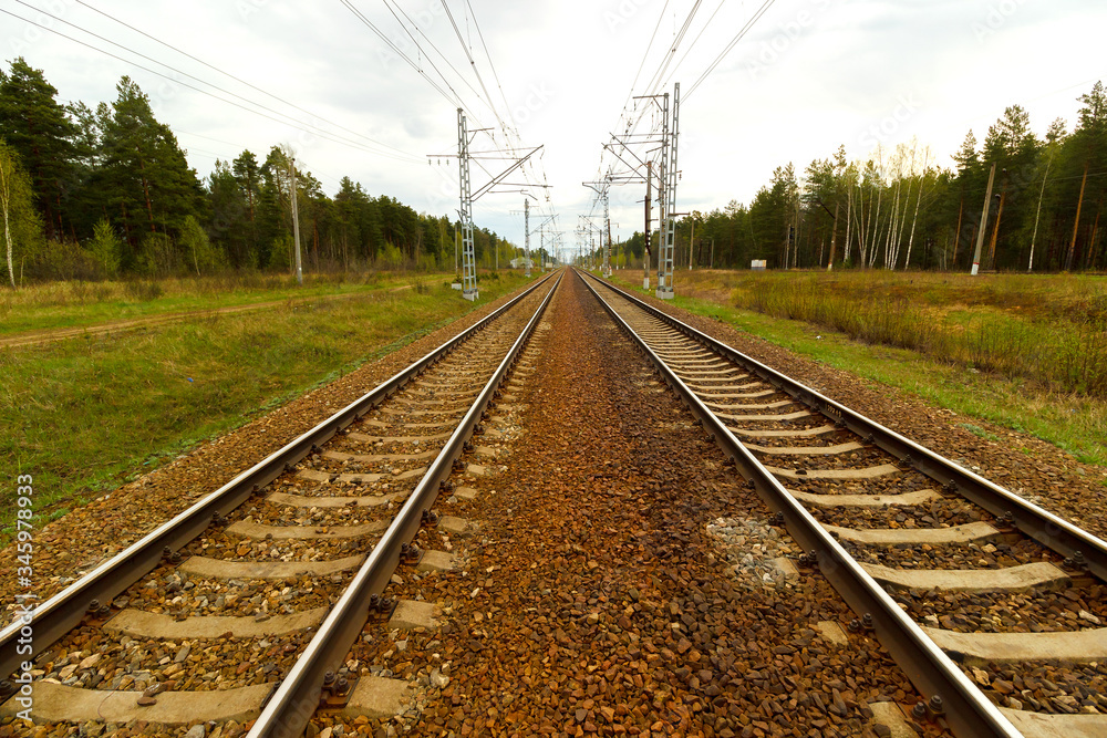 Railroad tracks going into the distance against the background of the forest and electric supports