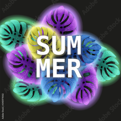 Summer trendy neon tropical leaves exotical plants palm jungle leaf