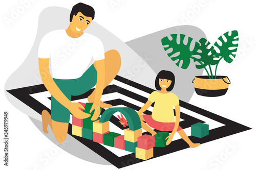 Happy father and daughter play cubes sitting on the floor at home. Modern flat design concept of pastime at home. Bright vector illustration isolated on white background.

