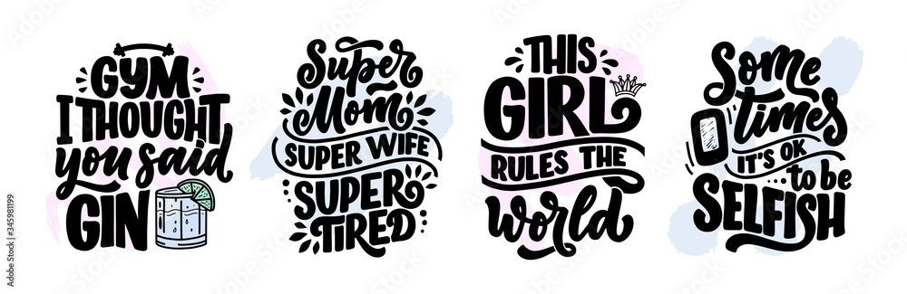 Set with funny hand drawn lettering compositions. Cool phrases for print and poster design. Inspirational feminism slogans. Girl power quotes. Greeting card template. Vector Set with funny hand drawn lettering compositions. Cool phrases for print and poster design. Inspirational feminism slogans. Girl power quotes. Greeting card template. Vector