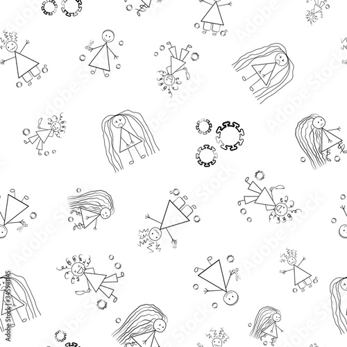 Bad hair Covid 19 quarantine vector seamless pattern. Humorous backdrop of childlike scribble drawings of girls with messy styles and coronavirus motif. Black and white isolation self care concept.