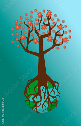 Coronavirus blooming tree covering the planet with roots, vertical image. World global problem, danger. Stop virus. Virus tree roots ingrained in the planet, destroying