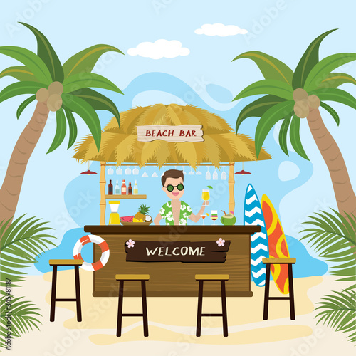 Cartoon bar bungalow on the ocean coast and happy caucasian barman hipster with cocktail