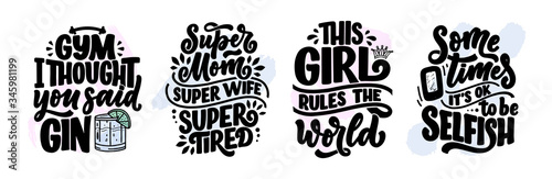 Set with funny hand drawn lettering compositions. Cool phrases for print and poster design. Inspirational feminism slogans. Girl power quotes. Greeting card template. Vector