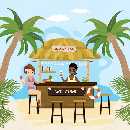 Bar bungalow on the beach ocean coast.Cartoon african american barmen and happy caucasian female visitor.