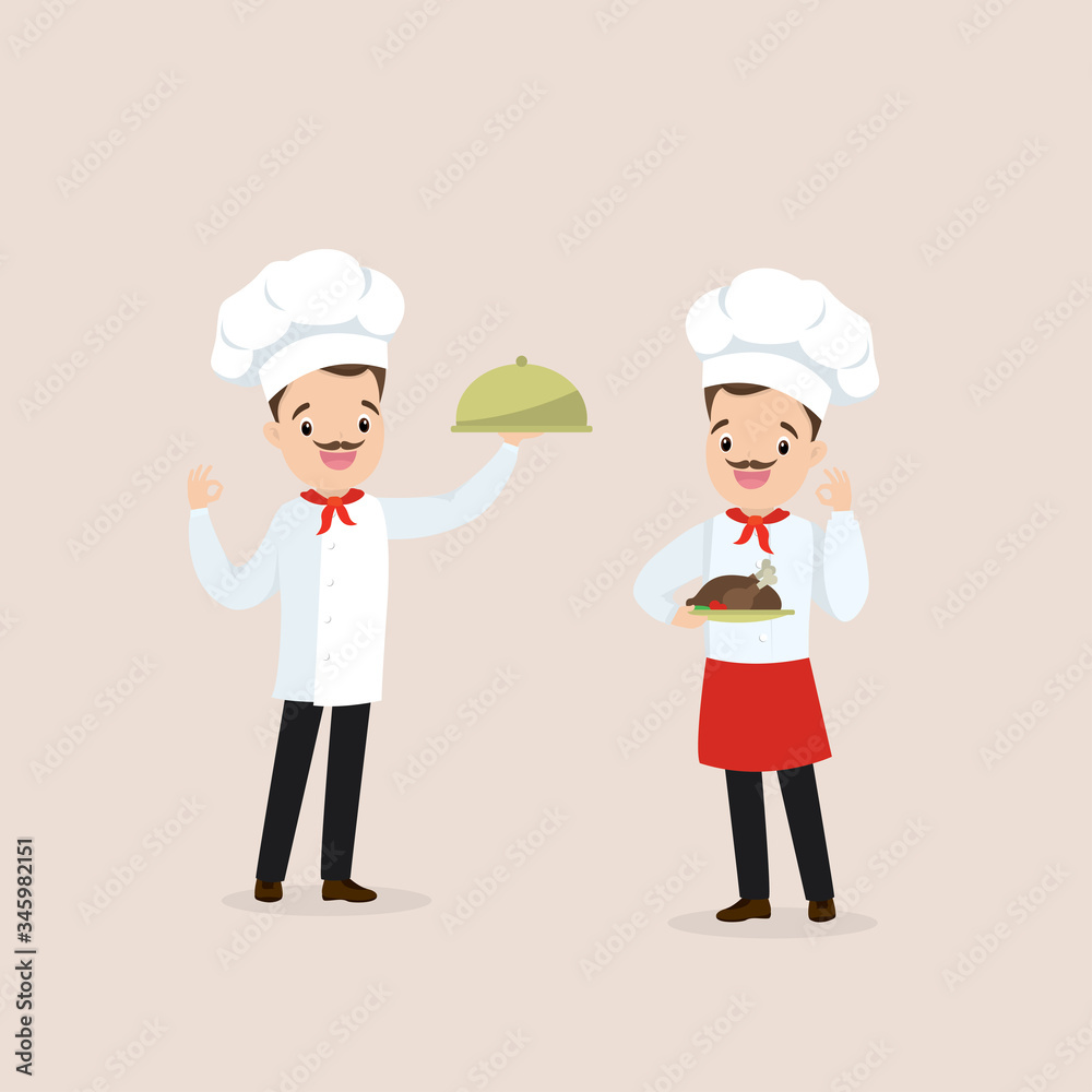 Cartoon caucasian men chefs with a specialty dish,male master chief-cooker in uniform,funny characters,