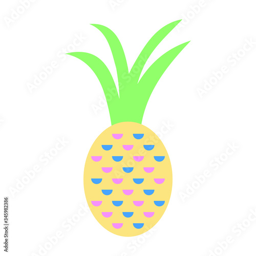 Vector cute colorful pineapple in cartoon style on white background. Sweet fruit. Summer cute fruits for healthy lifestyle. Pineapple or ananas fruit. Vector illustration cartoon isolated ananas.