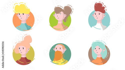 Avatar Icon Set Side View. Isolated Male and Female Portraits on a Circle Background in Modern Linear Flat Style. Social Media Template Userpic and Profiles. Vector EPS 10