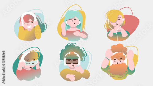 Set of Happy People Listening Music. Wireless Headphones. Isolated Male and Female Portraits in Modern Flat Style. Social Media Template Avatar, Userpic and Profiles. Vector EPS 10