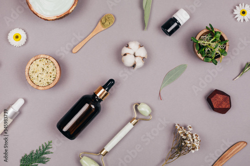 Cosmetics and natural ingredients for healthy skin and face. Pattern. Flat lay style.