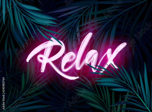 Dark blue and violet neon tropical design with palm leaves and 3d lettering. Summer night vector illustration.