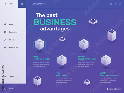 Simple colorful infographics design template. Circular element with 4 pictograms and text box. Four advantages for your business. Vector illustration for presentation, website, banner and for printing