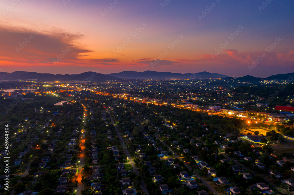 Fototapeta premium Aerial view of Sattahip city with twilight sky, Thailand