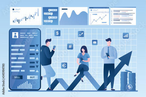 Online stock market investment. Analysis of financial data, currency trading. Forex market. Modern cellphone with finance app.