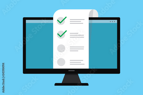 Online Survey concept. Cartoon ballot page on monitor display. Quiz, referendum or election background.