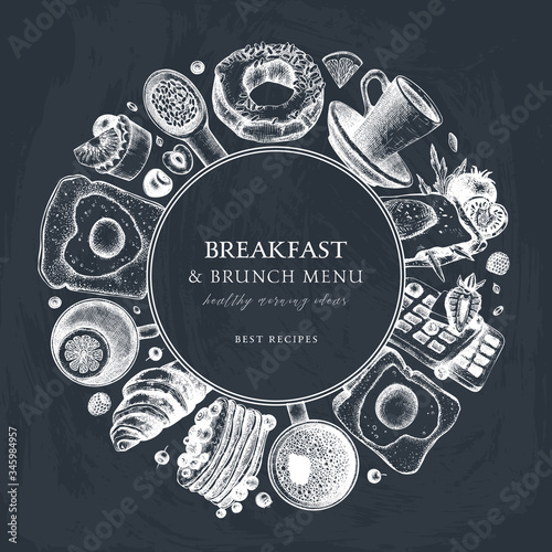 Breakfast table wreath on chalkboard Morning food and hot drinks menu vector frame. Breakfast and brunch dishes background. Vintage hand drawn food sketches. 