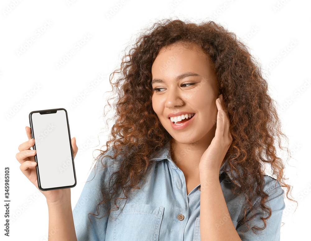 African-American woman with mobile phone on white background African-American woman with mobile phone on white background