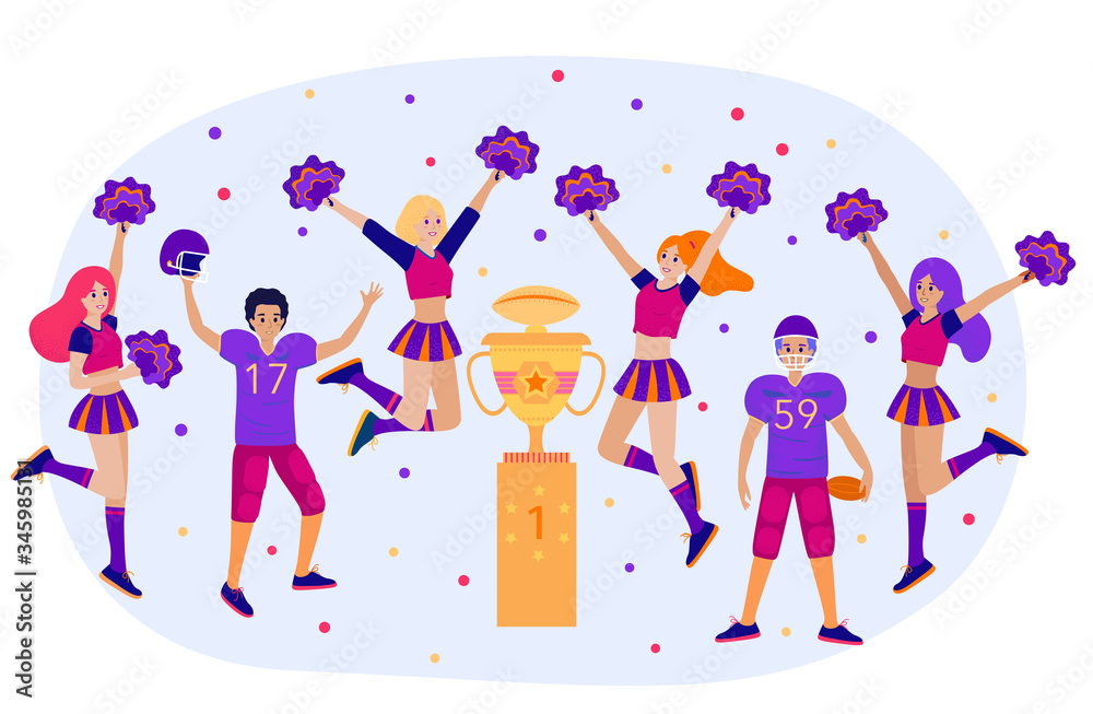 Winner Concept with Cheerleaders Team and American Football Players around Golden Cup and Confetti. Cartoon Vector Stock Flat Illustration