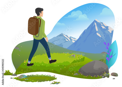 Hiker or backpacker, guy in mountains, traveler or tourist vector. Man with backpack and wild nature, traveling and tourism, active pastime or sport