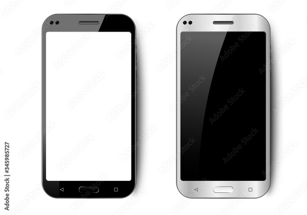 Black and white realistic smartphone with shadow, camera and glare, mobile phone mockup with blank screen for your design on isolated background, vector illustration Black and white realistic smartphone with shadow, camera and glare, mobile phone mockup with blank screen for your design on isolated background, vector illustration