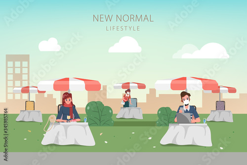 People maintain social distancing. 
Social distance with awning for the cafes and street restaurants. New normal lifestyle concept.