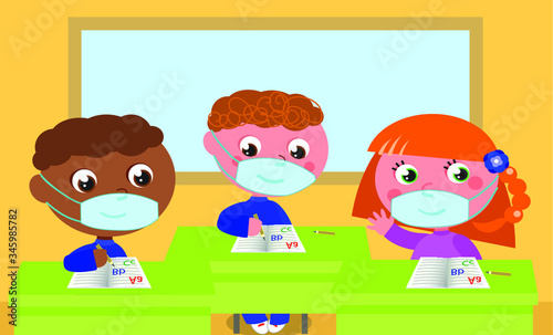 Three pupils wearing masks at school to protect themselves from COVID 19. Vector illustration