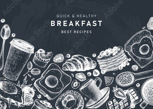 Breakfast table top view frame on chalkboard. Morning food and hot drinks menu vector template. Breakfasts and brunches dishes background. Vintage hand drawn food sketches. 