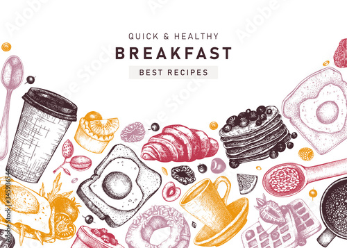 Breakfast table top view frame in color. Morning food and hot drinks menu vector template. Breakfasts and brunches dishes background. Vintage hand drawn food sketches. 